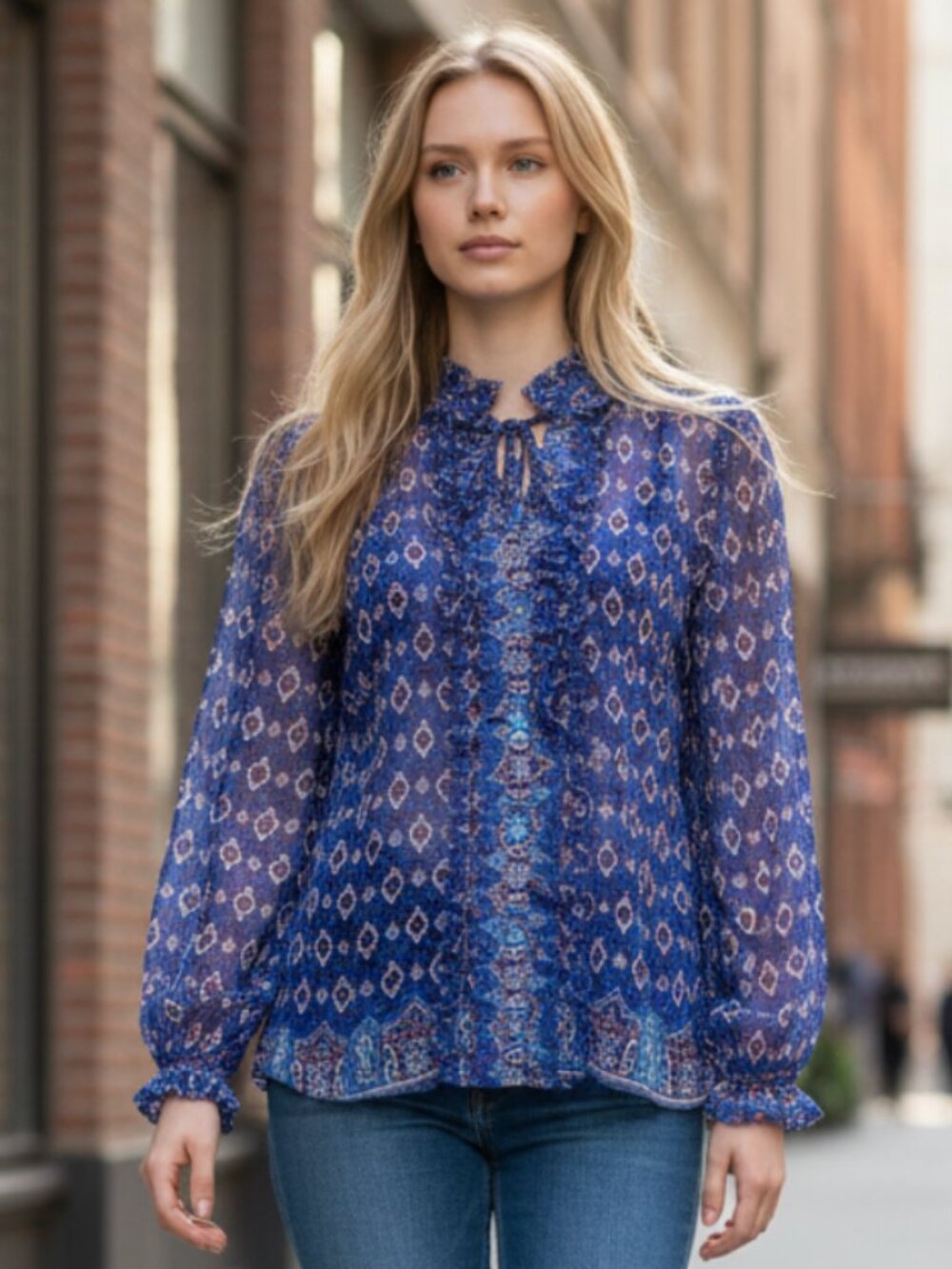 NWOT Robert Graham Paisley Ruffle Tie Neck Top Blouse Blue Small